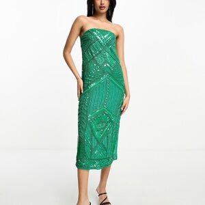 ASOS‎ Design NWT Embellished Ergonomic Strapless Midi Dress size 14 Green Formal